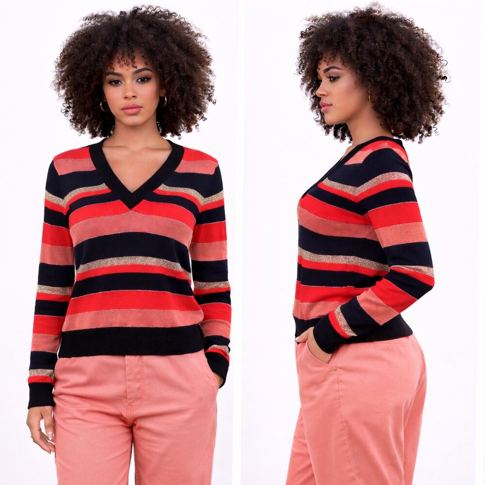 Bold Striped V-Neck Knit Sweater | Red Black Coral